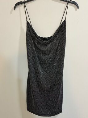 Popular Basics Black Metallic Cowl Slip Mini Spaghetti Strap Dress Medium